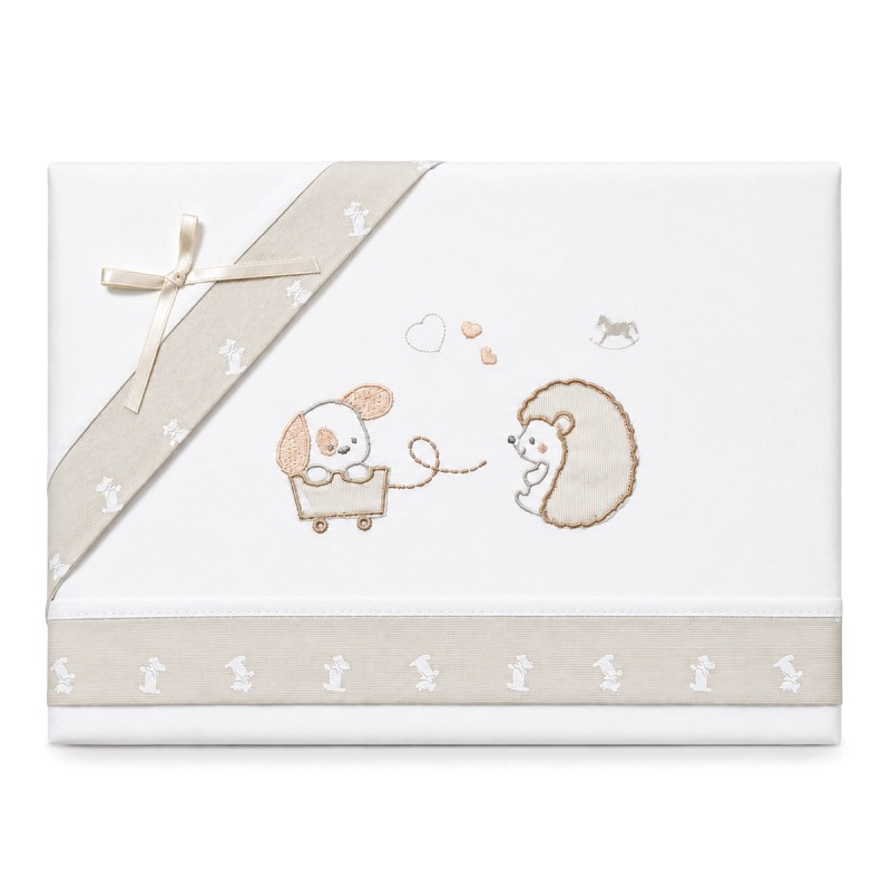 Mio Piccolo baby cot sheet set in cotton with little dog and hedgehog embroidery