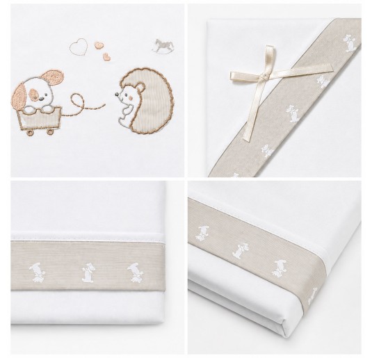 Mio Piccolo baby cot sheet set in cotton with little dog and hedgehog embroidery 2