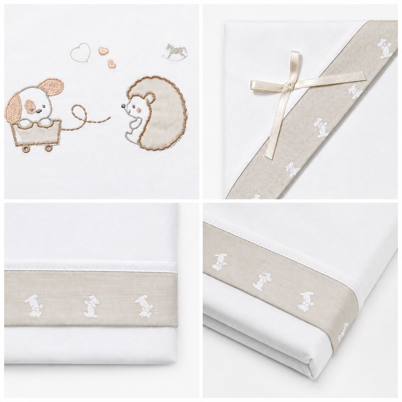 White cotton baby cot sheet set with beige inserts and satin bow