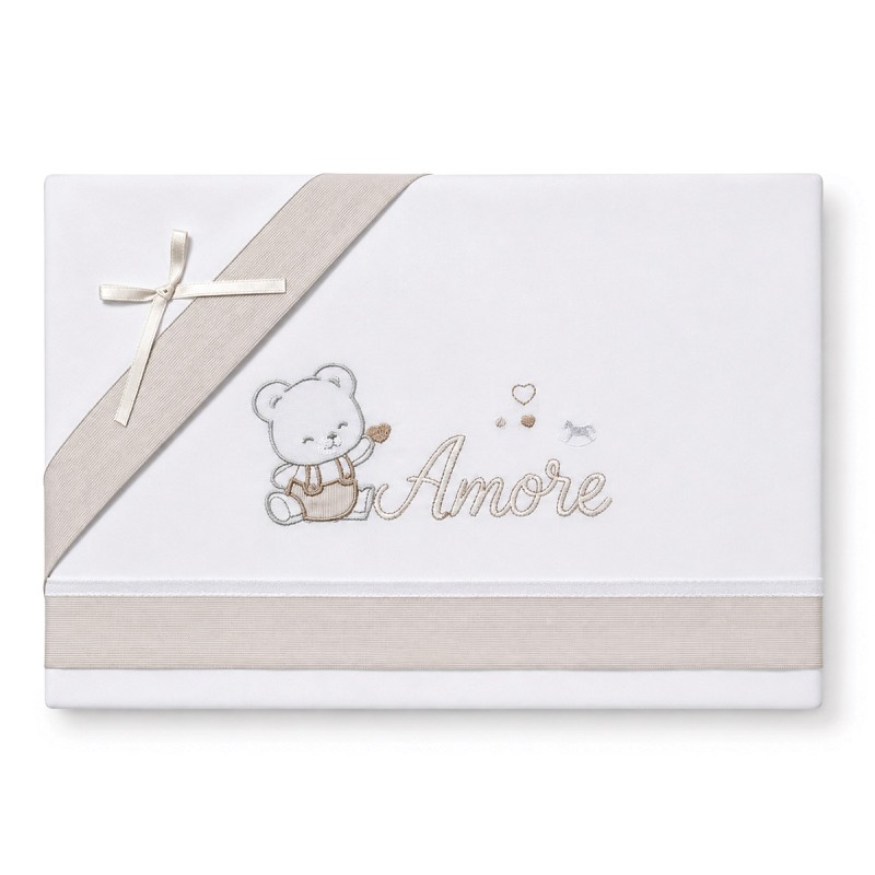 Mio Piccolo baby cot sheet set in cotton with embroidered teddy bear and Amore