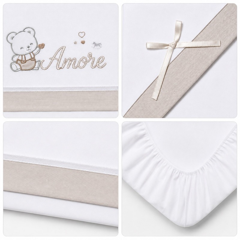 Set lenzuola lettino in cotone bianco con fascia beige e fiocco in raso