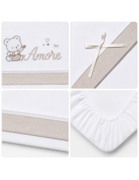 White cotton baby cot sheet set with beige band and satin bow