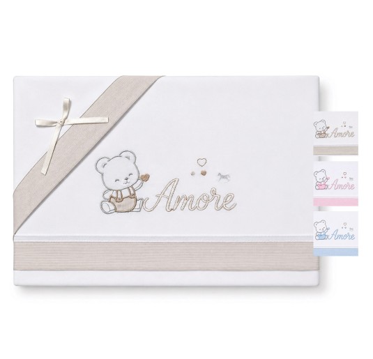 Set lenzuola lettino Mio Piccolo in cotone con orsetto ricamato e scritta Amore