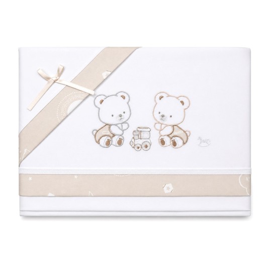 Embroidered cotton cot sheets with two teddy bears and train