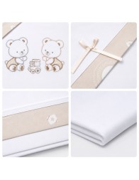 Cotton cot sheets with embroidered teddy bears and train