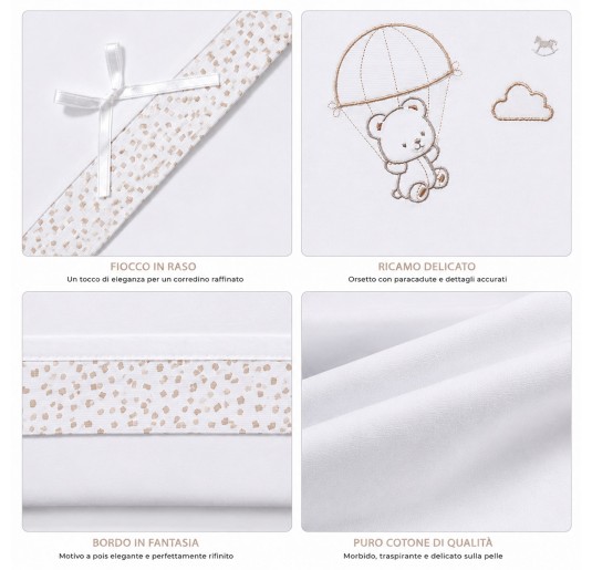 Embroidered cot bed sheet set Mio Piccolo with teddy bear and parachute 2