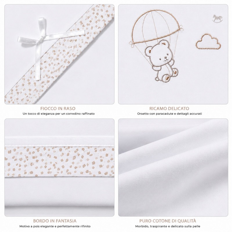 Mio Piccolo cot bed sheet set in cotton with teddy bear embroidery