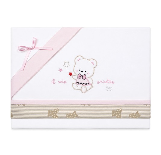 Cradle and Pram sheet set with embroidered teddy bear and bow tie 2