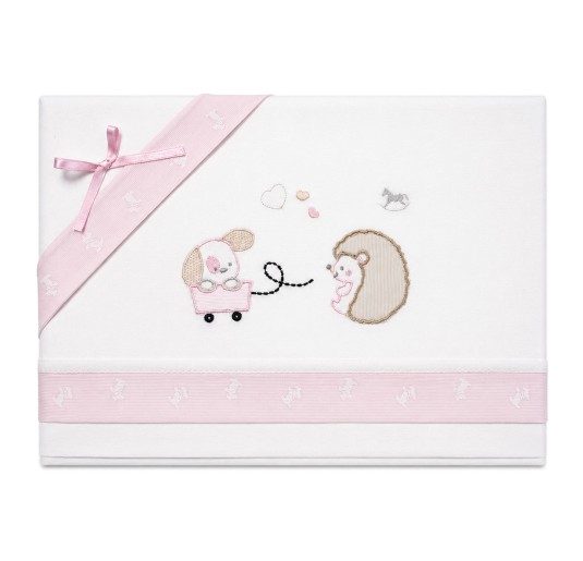 Baby pram sheet set in cotton with embroidered baby animals
