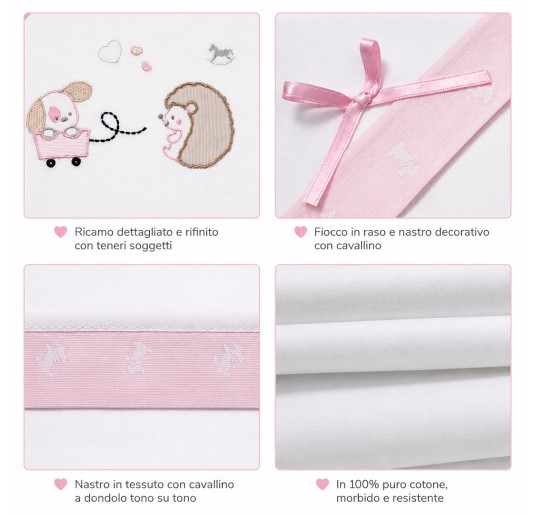 Baby pram sheet set in cotton with embroidered baby animals 2