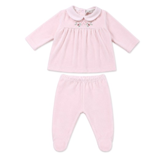 Embroidered velour baby outfit with floral and bow details Coccode' Firenze