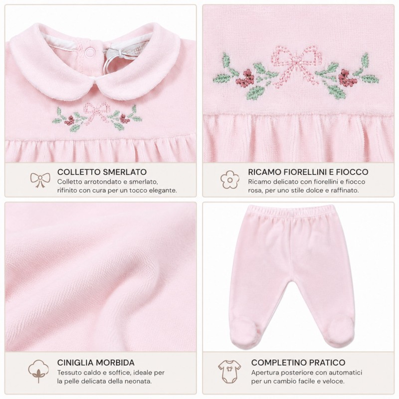 Completino ciniglia ricamato rosa con maglia e pantaloncino con piedino