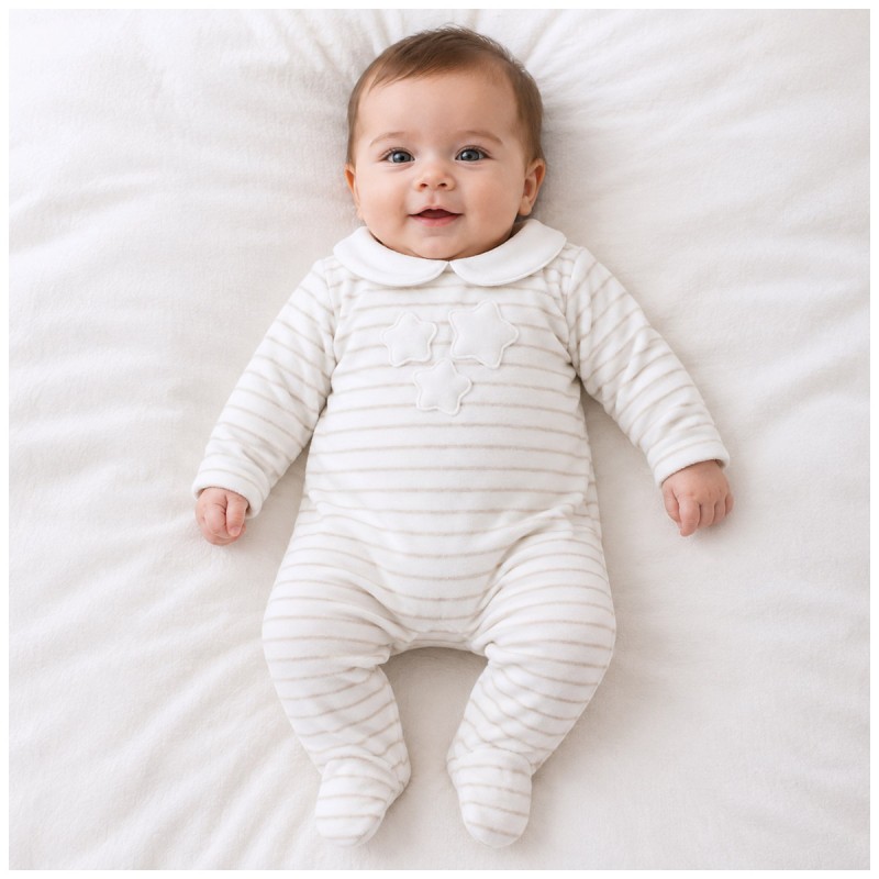Embroidered chenille baby romper with beige stripes and white collar