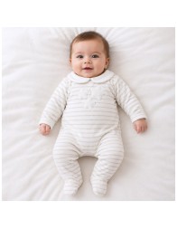 Tutina in ciniglia ricamata per neonato con righe beige e colletto bianco