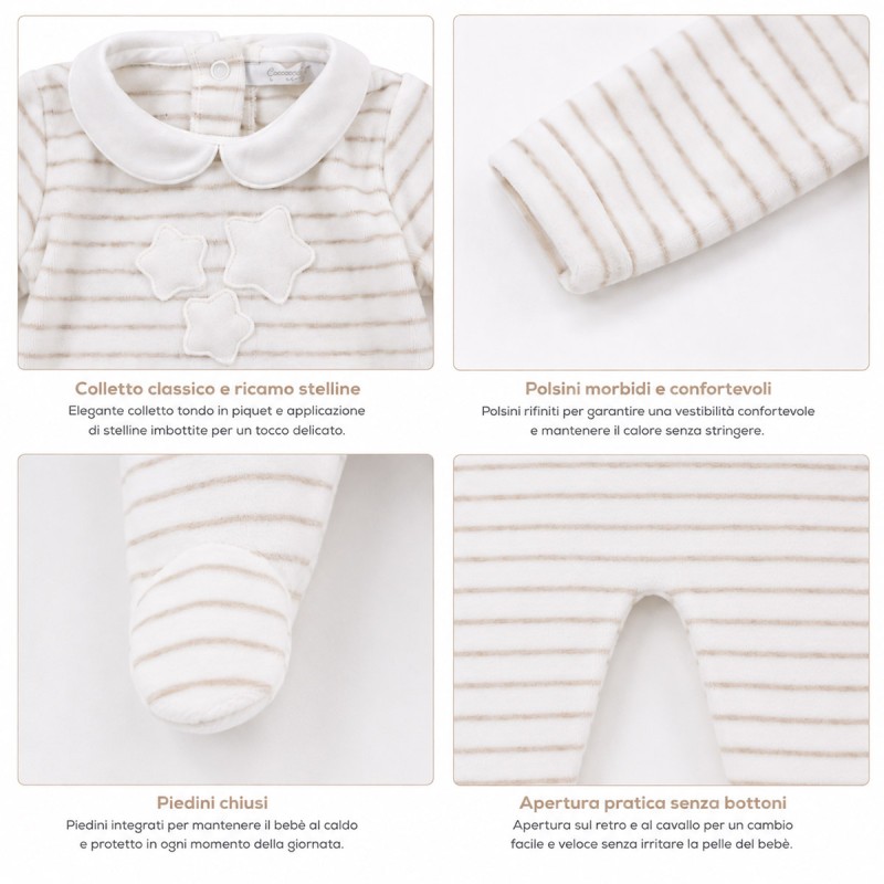 Tutina in ciniglia ricamata beige con piedini integrati e stelline
