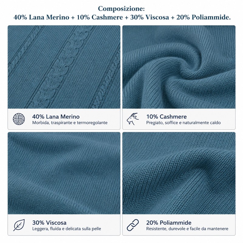 Merino Wool and Cashmere baby crib blanket in blue with cable knit design