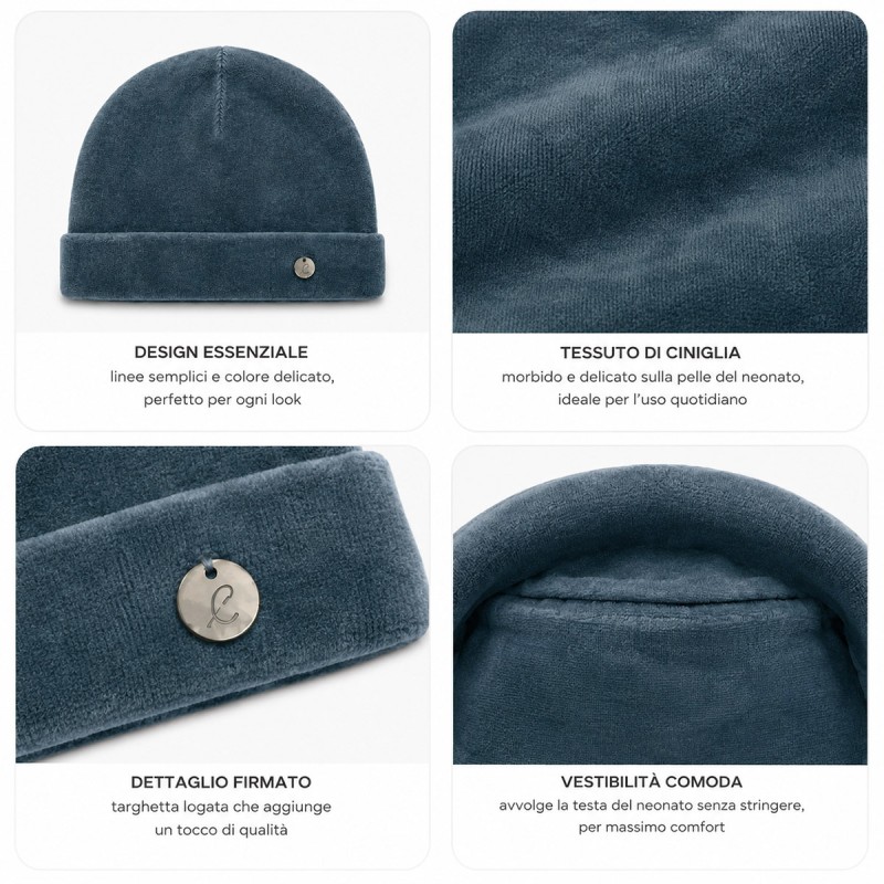 Baby beanie in soft chenille powder blue with side metallic detail