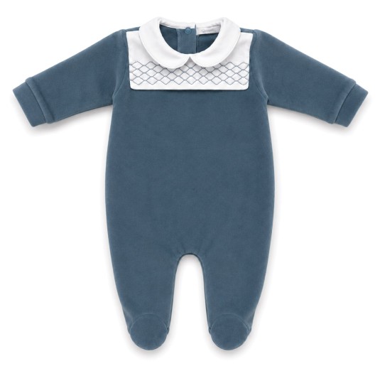 Baby romper in powder blue chenille Coccode’ Firenze with white collar
