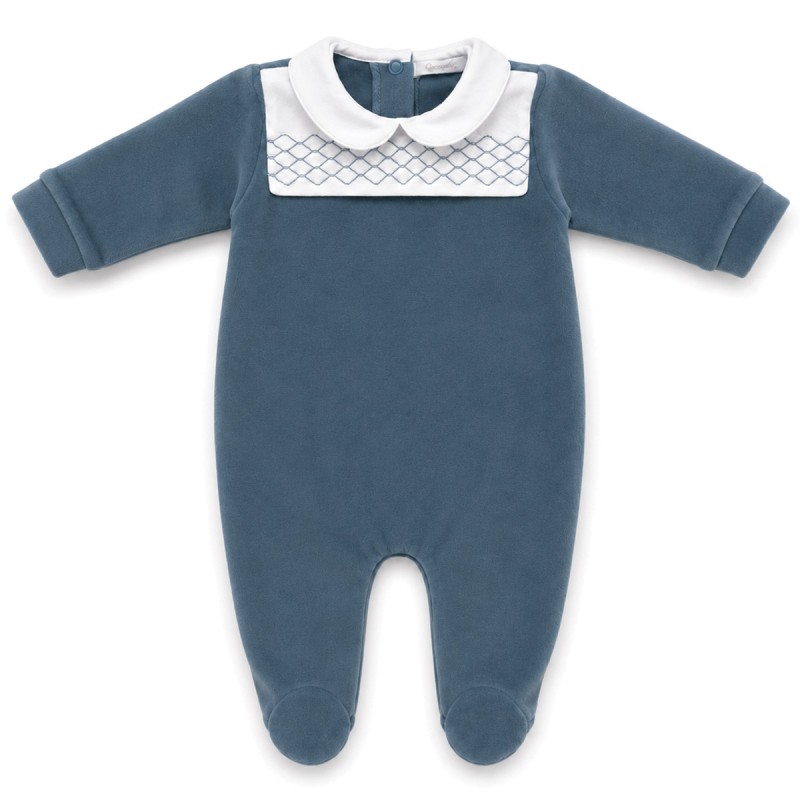 Baby romper in powder blue chenille Coccode’ Firenze with white collar
