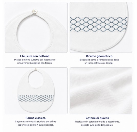 Baby bib in cotton twill Coccode’ Firenze with powder blue geometric embroidery 2