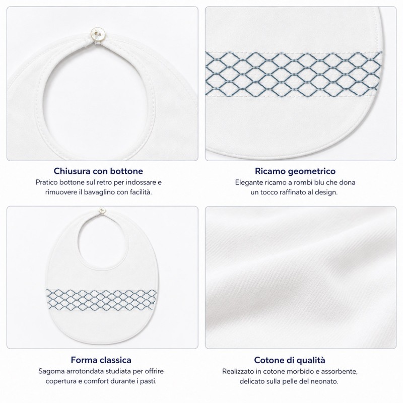 Bavaglino neonato in cotone twill bianco con chiusura a bottoncino posteriore