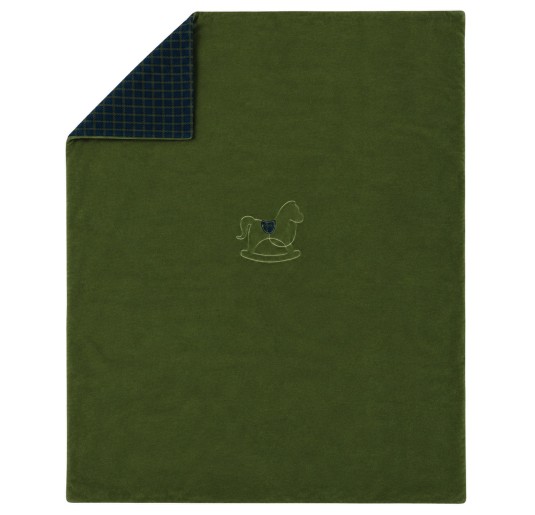 Embroidered chenille cot blanket in olive green with rocking horse motif