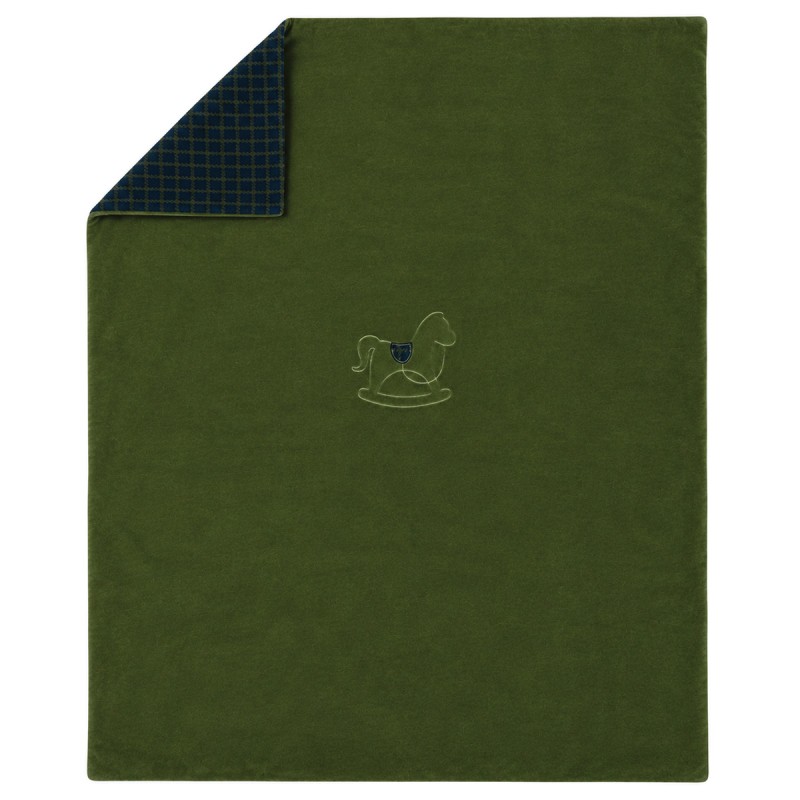 Embroidered chenille cot blanket in olive green with rocking horse motif