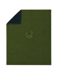 Copertina culla in ciniglia ricamata verde oliva con cavalluccio a dondolo