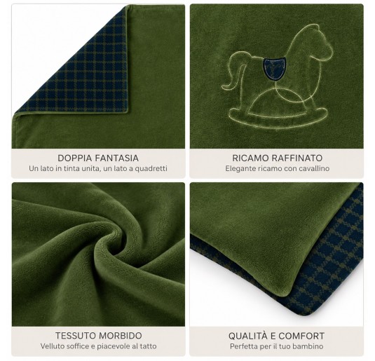Embroidered chenille cot blanket in olive green with rocking horse motif 2