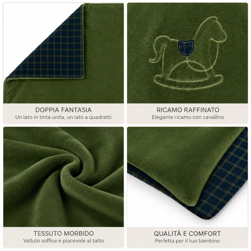 Coccode' embroidered chenille cot blanket with olive green side and check reverse