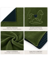Coccode' embroidered chenille cot blanket with olive green side and check reverse