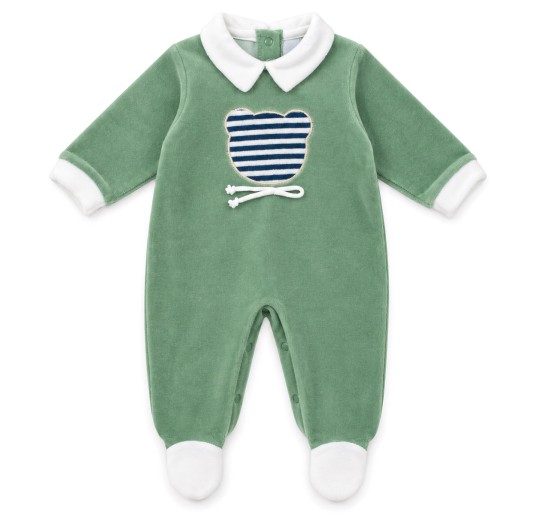 Baby chenille romper with teddy bear appliqué and integrated feet
