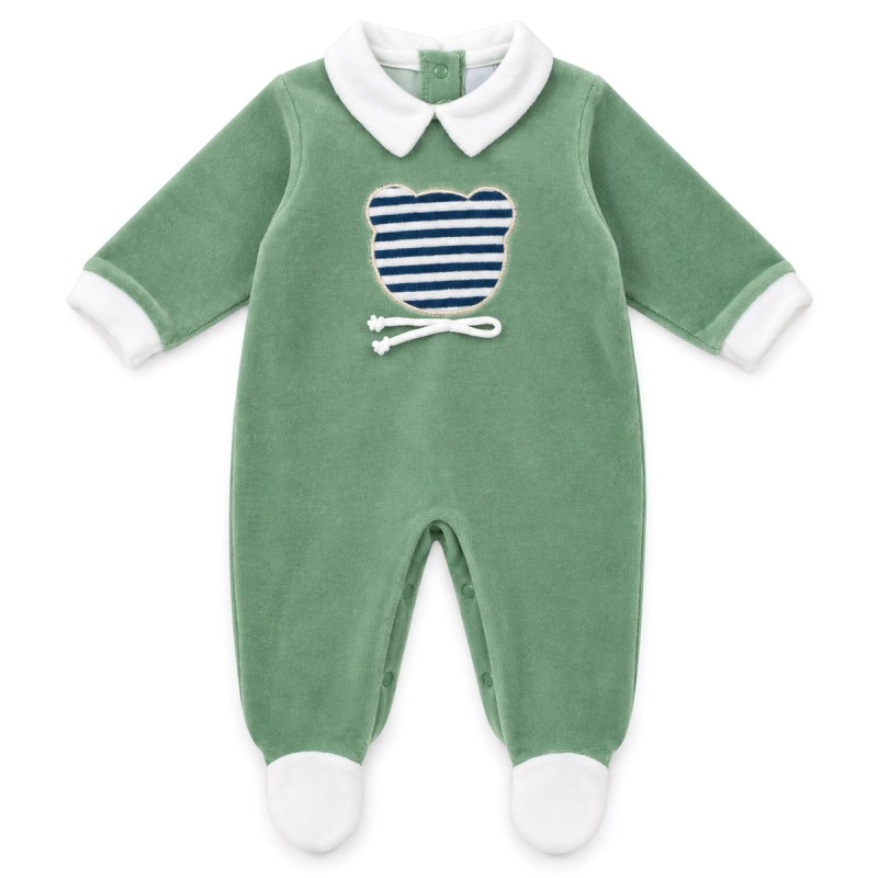 Baby chenille romper with teddy bear appliqué and integrated feet