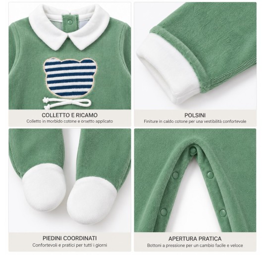 Baby chenille romper with teddy bear appliqué and integrated feet 2