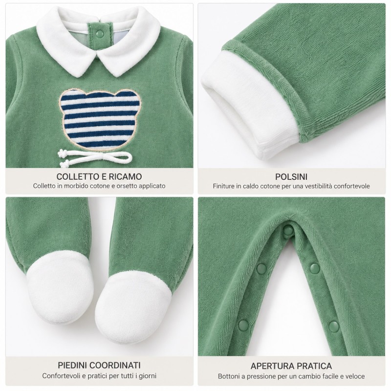 Baby chenille romper with white collar and teddy bear appliqué