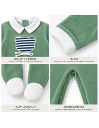 Baby chenille romper with white collar and teddy bear appliqué