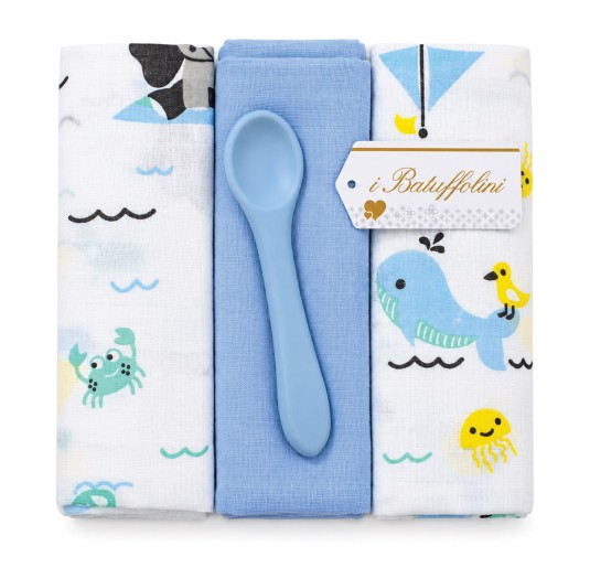 Set garze mussola neonato in puro cotone con quadrato azzurro e cucchiaio 2
