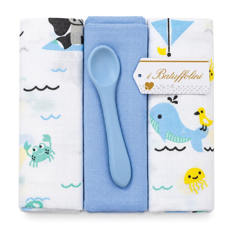 Baby muslin gauze set 70x70 cm with marine prints and spoon