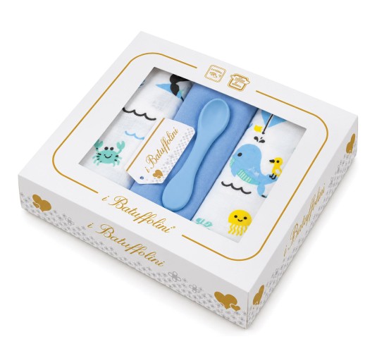Baby muslin gauze set in pure cotton with blue square and spoon