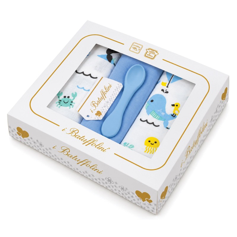 Baby muslin gauze set in pure cotton with blue square and spoon