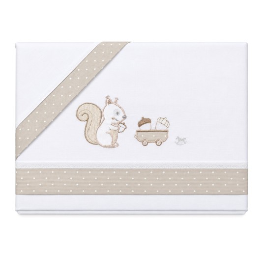 Embroidered baby cot sheet set Mio Piccolo in cotton with squirrel and toy cart