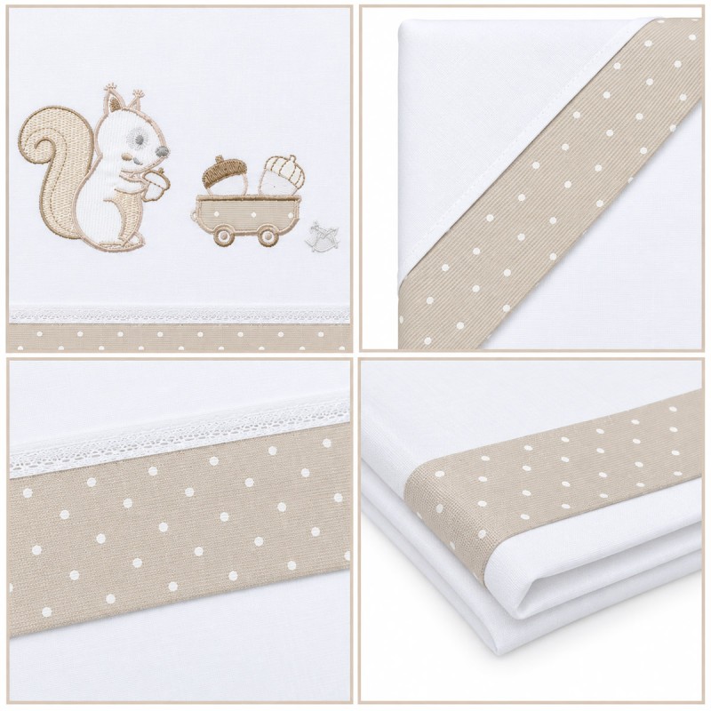 Embroidered baby cot sheet set in white cotton with beige polka-dot insert Mio Piccolo