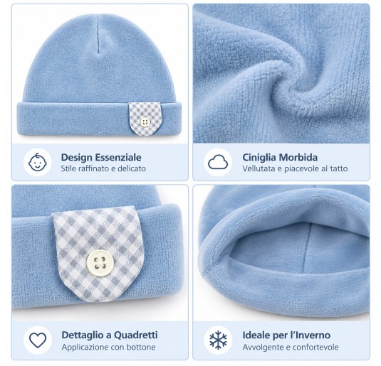 Cappellino neonato in ciniglia azzurro Le Chicche con risvolto 2