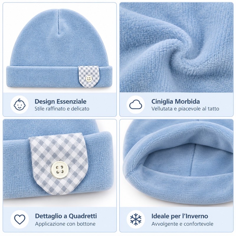 Baby chenille beanie in light blue with gingham side detail