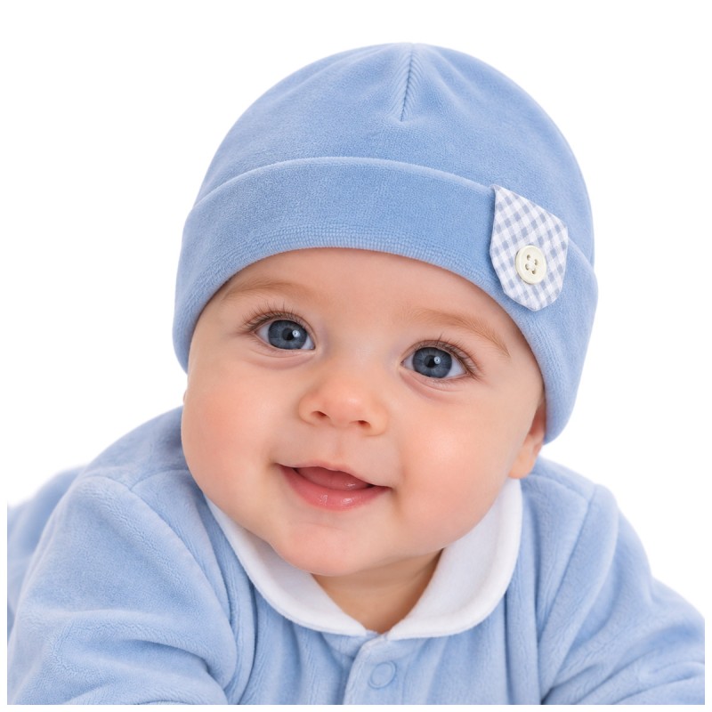 Baby chenille beanie by Le Chicche with side detail and button