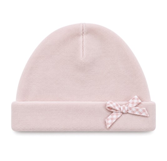 Baby girl chenille beanie in pink by Le Chicche with gingham bow