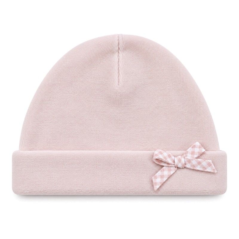 Baby girl chenille beanie in pink by Le Chicche with gingham bow