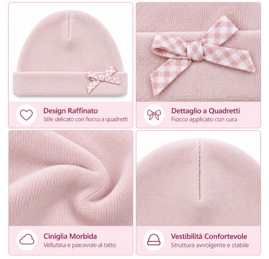 Baby girl chenille beanie in pink by Le Chicche with gingham bow 2