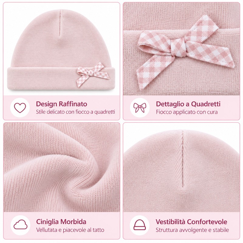 Baby girl chenille beanie in pink with folded cuff and side bow