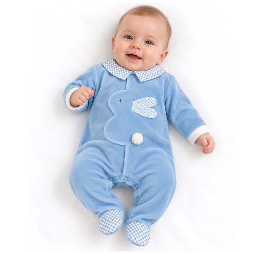 Baby velour romper with bunny appliqué TU9250 by Le Chicche front view 2